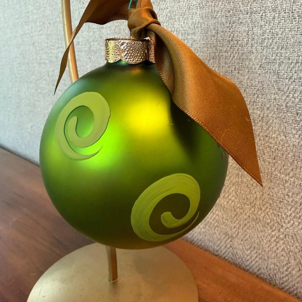 Hand‎ Painted Vintage Green Christmas Ornament Cross Design Ribbon Hanger Signed